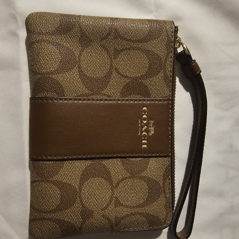 Coach Tan and Brown Signature Wristlet